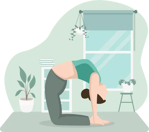 Mujer practicando yoga en casa  Ilustración