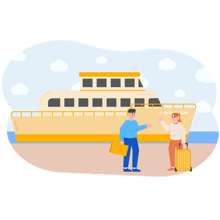 La mujer le pregunta al hombre sobre la salida del barco.  Ilustración