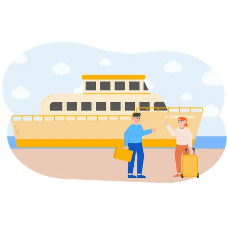 La mujer le pregunta al hombre sobre la salida del barco.  Ilustración