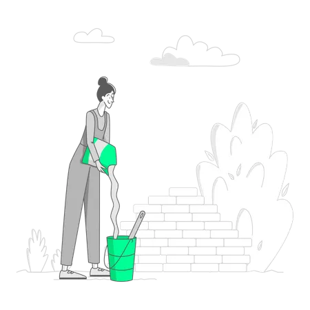 Mujer prepara cemento para la construcción  Ilustración