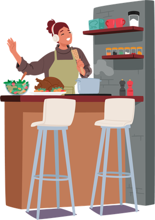 Mujer prepara deliciosa comida casera  Ilustración