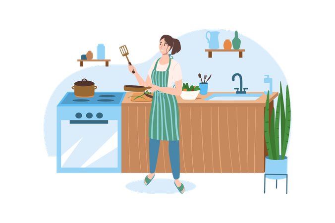 La mujer prepara la cena en una acogedora cocina  Ilustración