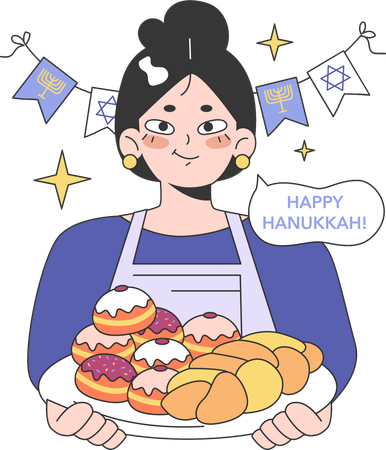 Mujer prepara pastelitos para la celebración de Hanukkah  Ilustración