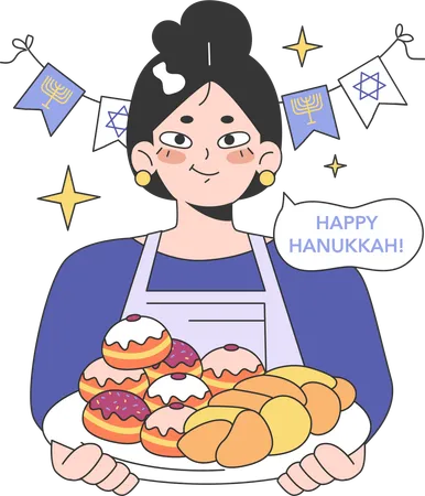Mujer prepara pastelitos para la celebración de Hanukkah  Ilustración