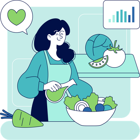 La mujer prepara un tazón de verduras para su dieta.  Ilustración