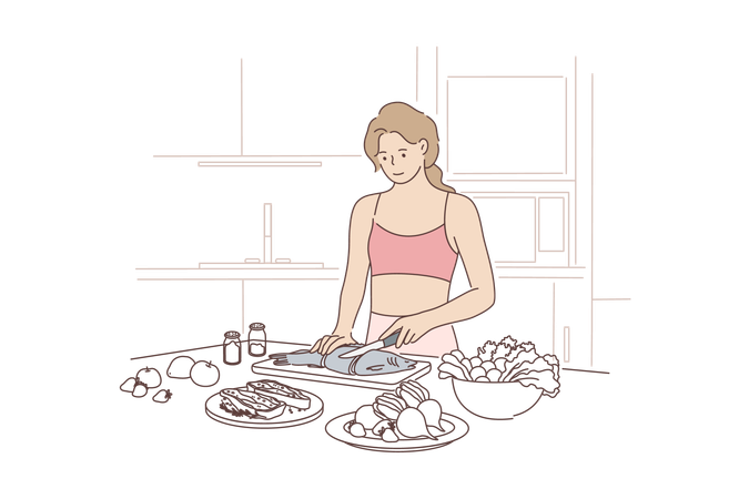 Mujer preparando plato de pescado  Ilustración