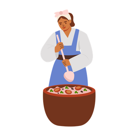 Mujer preparando comida en una olla enorme  Ilustración