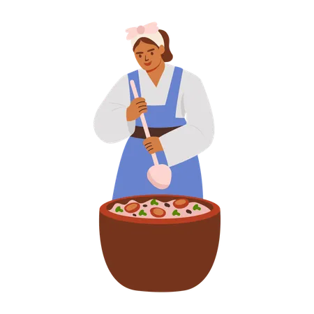 Mujer preparando comida en una olla enorme  Ilustración