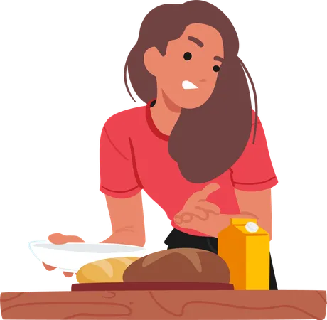 Mujer preparando el desayuno mientras ofrece pan recién horneado y jugo en un mostrador de madera  Ilustración