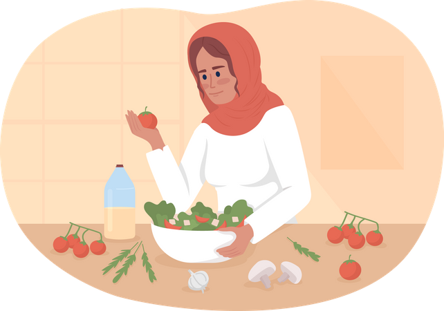 Mujer preparando ensalada deliciosa y saludable  Ilustración