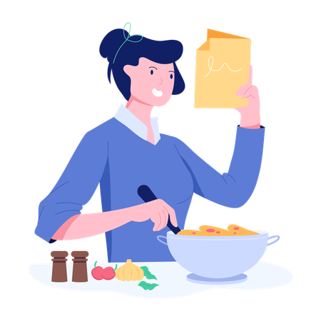 Mujer preparando plato leyendo receta  Ilustración