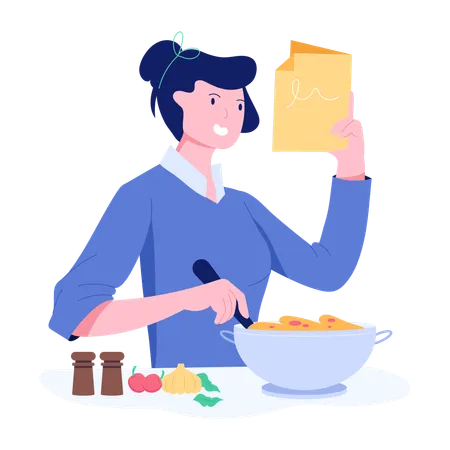 Mujer preparando plato leyendo receta  Ilustración