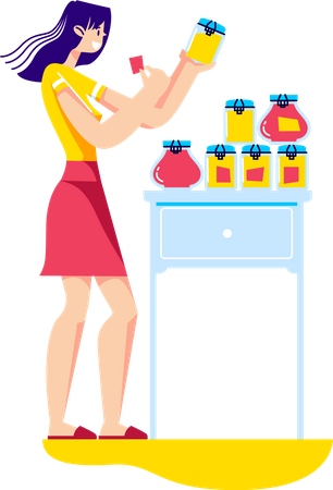 Mujer preparando tarros de mermelada casera  Ilustración