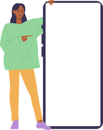 Sorprendido personaje de presentadora feliz apuntando a la pantalla blanca de una gran maqueta de teléfono móvil  Ilustración