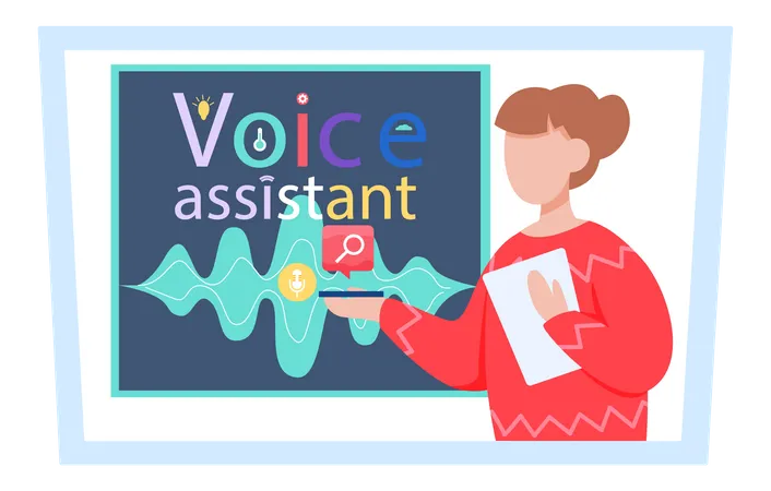 Mujer que presenta servicio de asistente de voz  Ilustración