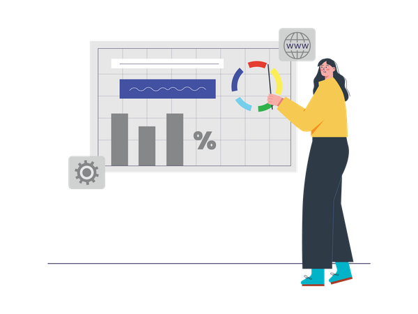 Mujer presentando análisis de datos SEO  Ilustración