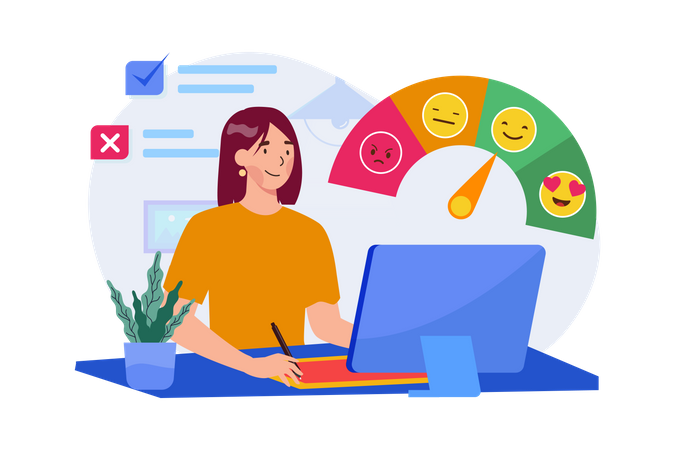 Mujer presionando emoticon de cara sonriente en línea para calificar el servicio  Ilustración