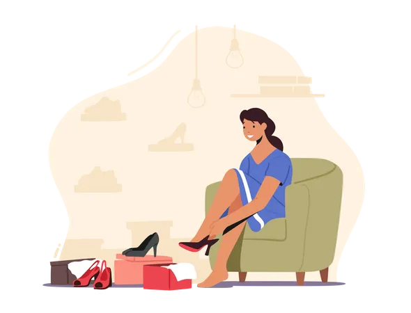 Mujer probándose tacones altos sentada en el sofá  Ilustración
