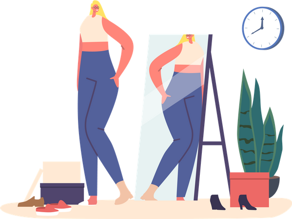 Mujer probándose ropa nueva frente al espejo  Ilustración