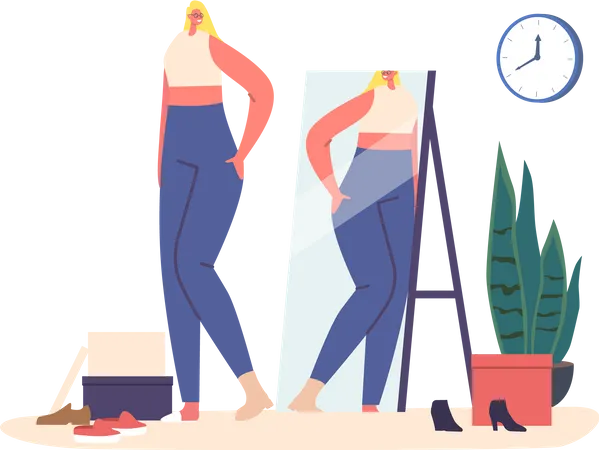 Mujer probándose ropa nueva frente al espejo  Ilustración