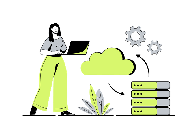Mujer procesando información utilizando almacenamiento de datos en la nube y respaldo de Cloudscape  Ilustración
