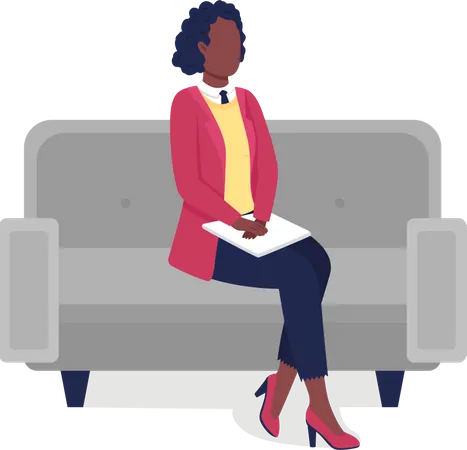 Caracter Sin Rostro De Vector De Color Plano De Mujer Profesional Afroamericana Entrevista Para Trabajo Empleado Sentado En Un Sofa Ilustracion De Dibujos Animados Aislados Para Diseno Grafico Web Y Animacion Ilustración