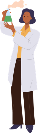 Personaje de profesora de química mujer vistiendo bata de laboratorio mostrando experimento químico en matraz  Ilustración