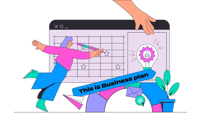 Mujer programando tareas y objetivos de la empresa en el calendario  Ilustración