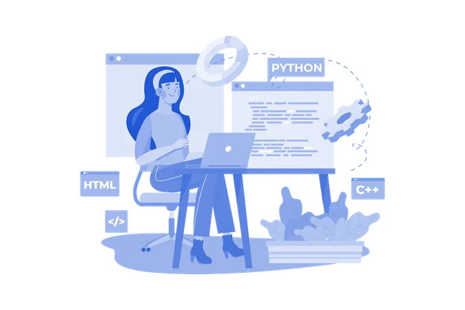 Mujer programando en la computadora portátil  Ilustración
