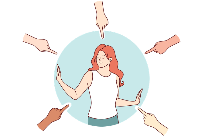 La mujer protege los límites personales y evita que las personas a su alrededor invadan el espacio de la aspiradora.  Ilustración