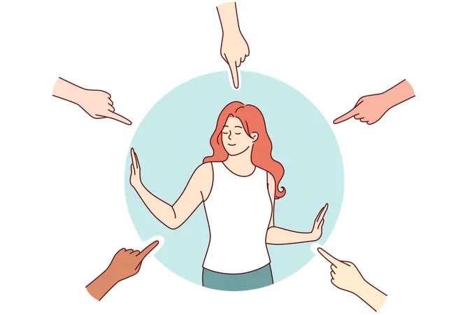 La mujer protege los límites personales y evita que las personas a su alrededor invadan el espacio de la aspiradora.  Ilustración