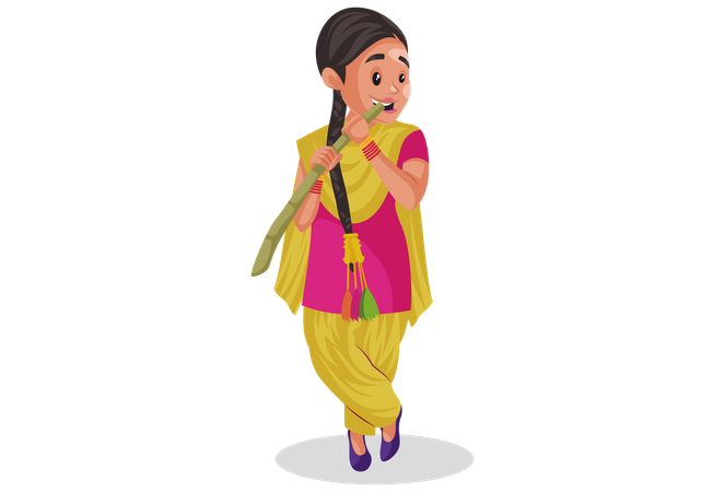 Mujer punjabi india comiendo caña de azúcar  Ilustración
