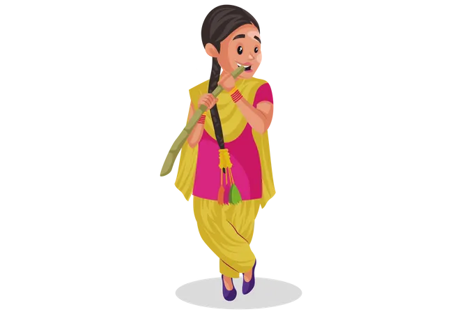 Mujer punjabi india comiendo caña de azúcar  Ilustración