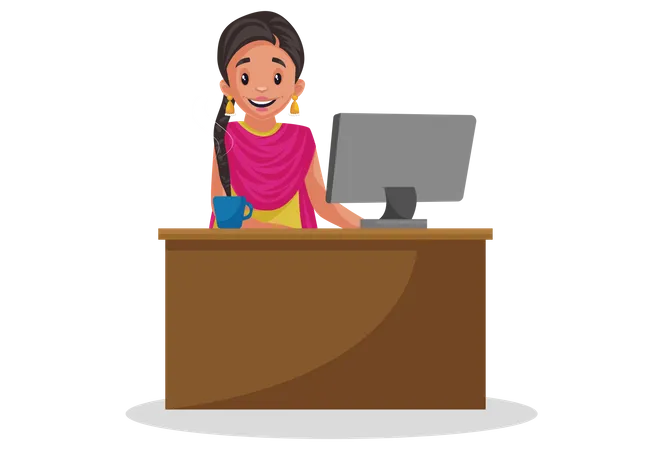 Mujer punjabi india trabajando en la computadora  Ilustración