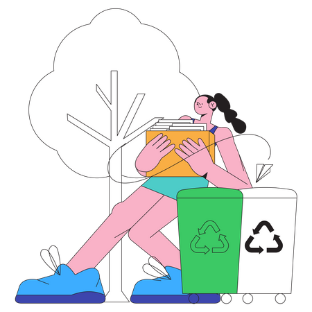 Mujer puso basura en la papelera de reciclaje  Ilustración