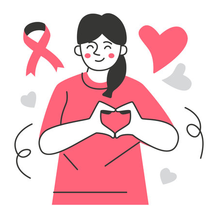 Mujer haciendo un corazón para apoyar el cáncer de mama  Ilustración