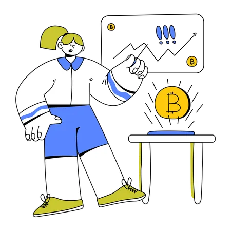 Mujer que muestra el crecimiento de las criptomonedas en el gráfico  Ilustración