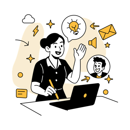Mujer que organiza una videoconferencia de equipo  Ilustración