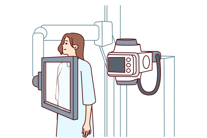 Una mujer que padece cáncer se encuentra cerca de una máquina de rayos X para diagnosticar una enfermedad  Ilustración