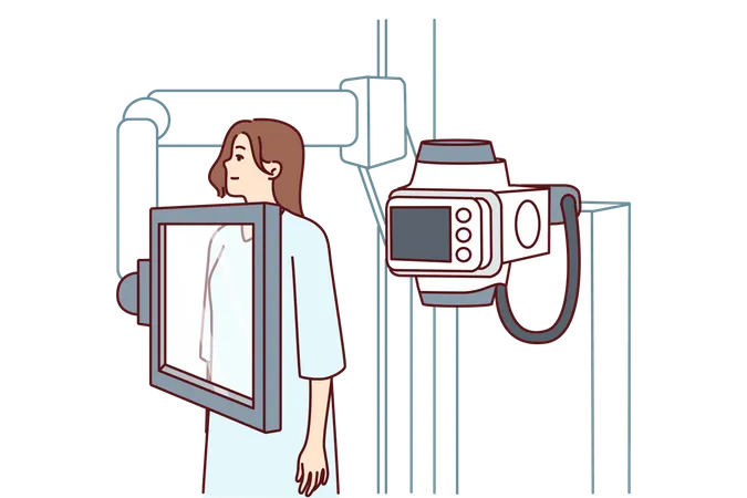 Una mujer que padece cáncer se encuentra cerca de una máquina de rayos X para diagnosticar una enfermedad  Ilustración