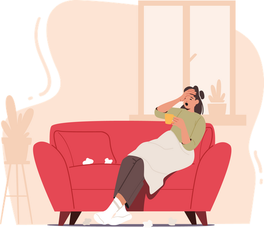Mujer que sufre de gripe sentada en casa y tomando una bebida caliente  Ilustración