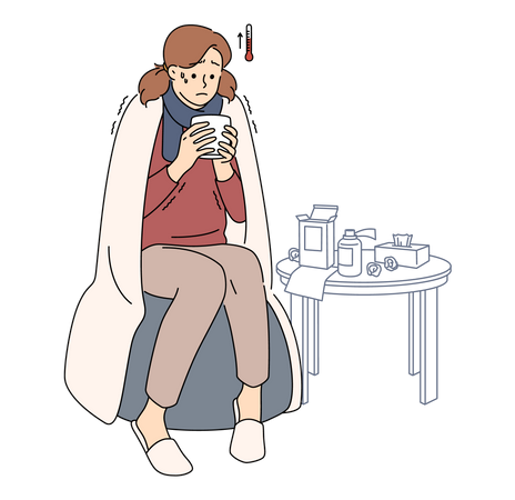 Mujer que sufre de gripe sentada en casa y tomando una bebida caliente  Ilustración