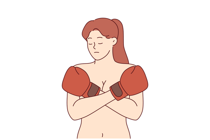 Una mujer que sufre violencia doméstica y dominación masculina se cubre el pecho desnudo con guantes de boxeo.  Ilustración