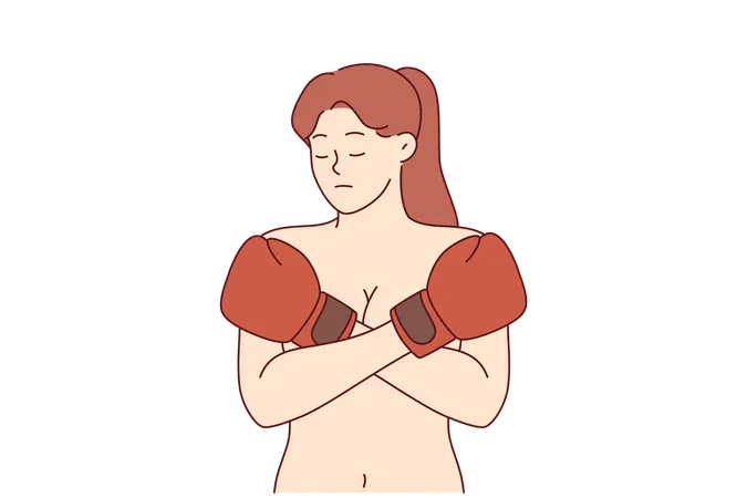 Una mujer que sufre violencia doméstica y dominación masculina se cubre el pecho desnudo con guantes de boxeo.  Ilustración
