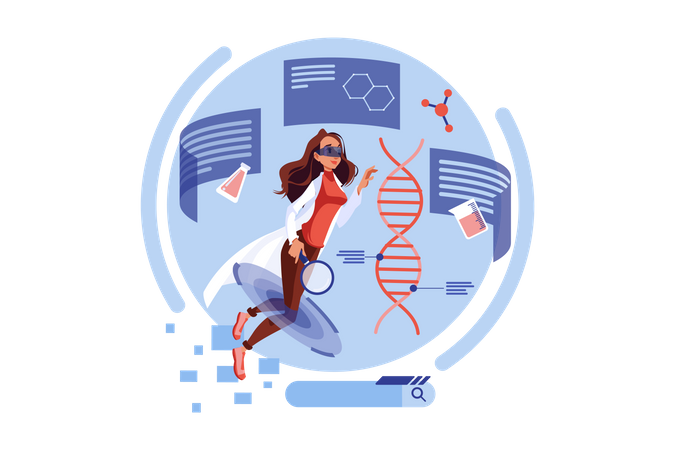 Mujer que trabaja en la investigación del ADN utilizando la realidad virtual  Illustration