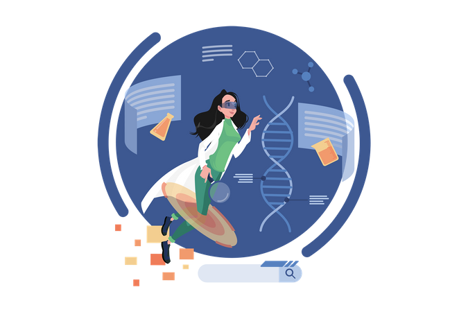 Mujer que trabaja en la investigación del ADN utilizando la realidad virtual  Illustration