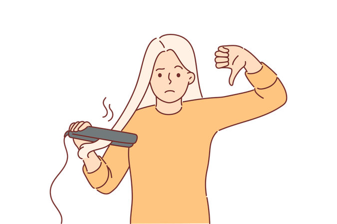 Mujer que usa plancha de pelo muestra el pulgar hacia abajo dando comentarios negativos sobre el dispositivo de cuidado del peinado  Ilustración