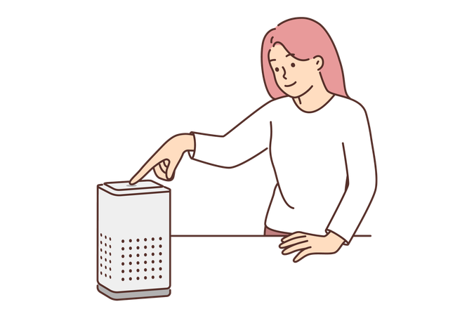 Mujer que usa purificador de aire enciende un dispositivo electrónico con filtro que purifica el oxígeno  Ilustración