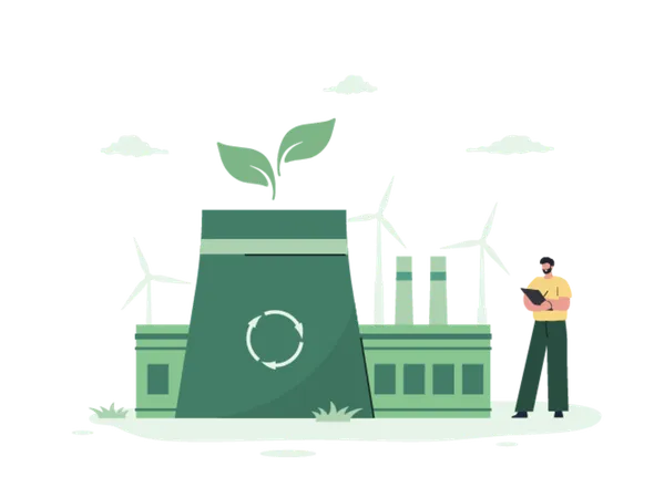 Mujer que utiliza energía verde en la industria de la planta  Ilustración