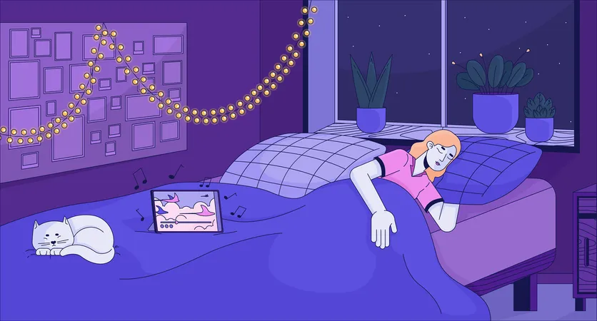 Mujer que se queda dormida mientras escucha música en casa  Ilustración